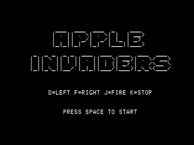 The first screen of Apple Invaders, describing the controls and saying “Press Space to start”