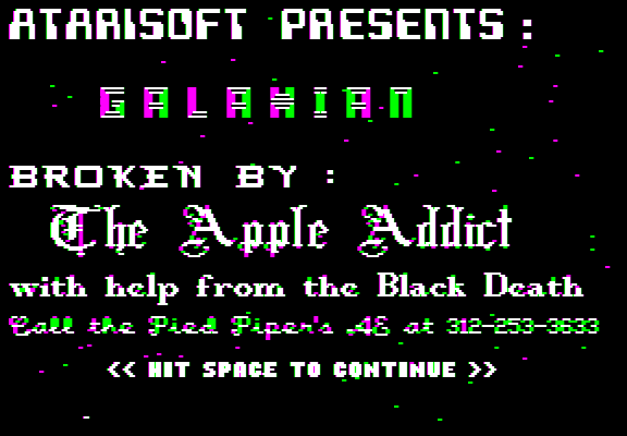 The splash screen of Atarisoft Galaxian on the Apple II, with a crack screen from The Apple Addict