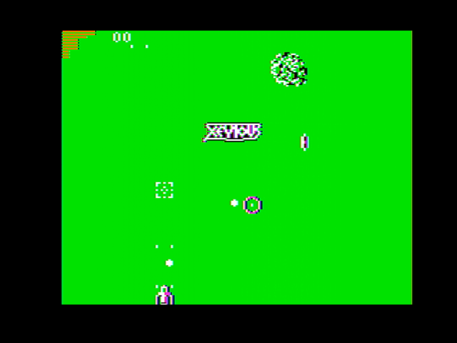 A screenshot of Xevious, which shows a small ship on a green background